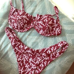 Burgundy floral print swimsuit, both pieces Size M
